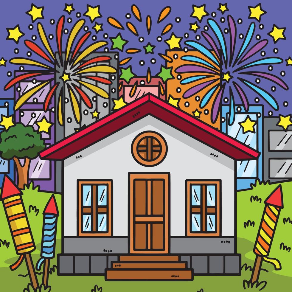 New Year Fireworks Colored Cartoon Illustration vector