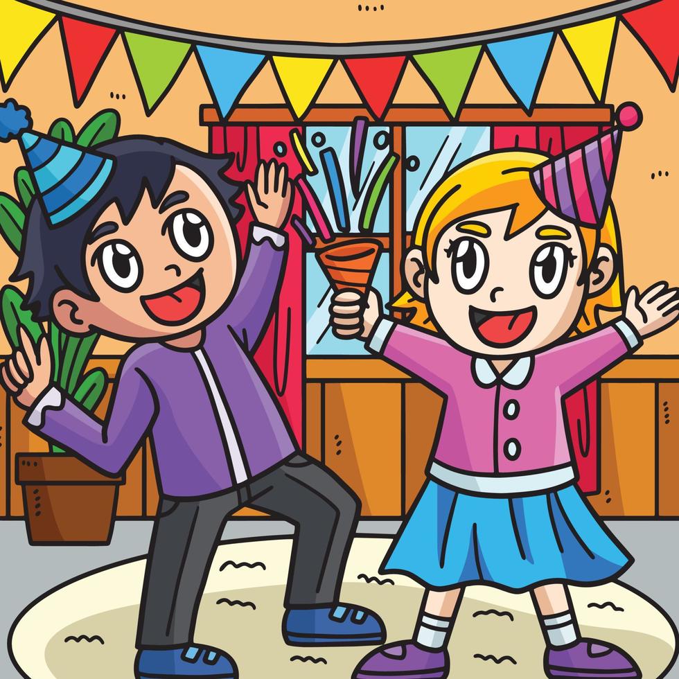 Children Celebrating New Year Colored Cartoon vector