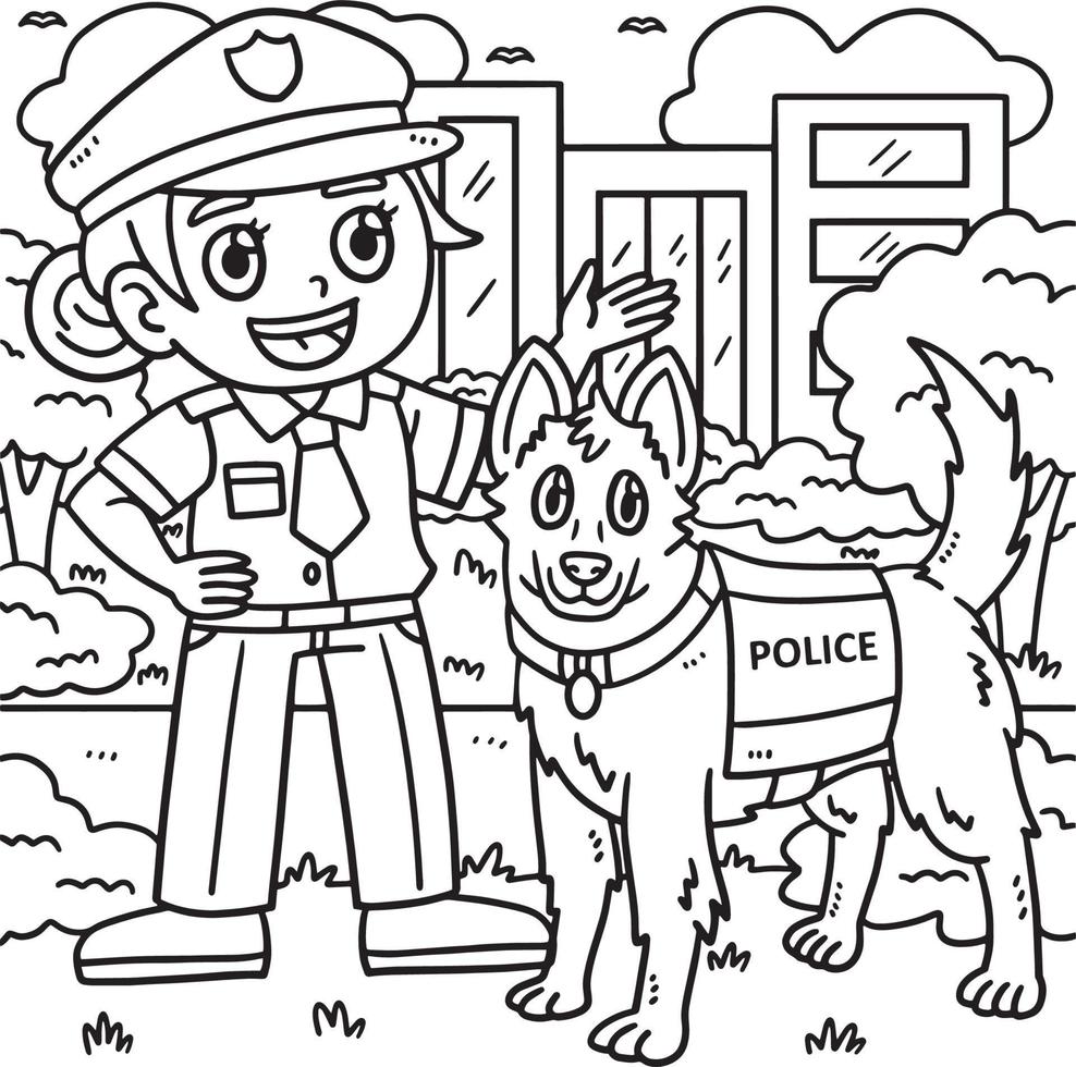 colorear oficial de policia y perro policia vector