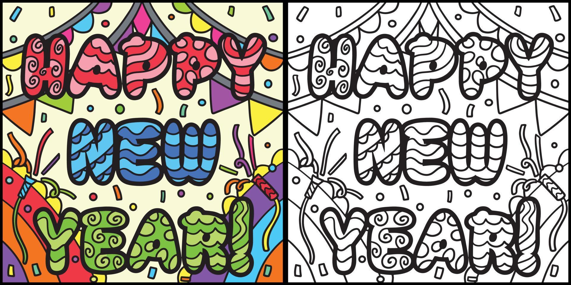 feliz año nuevo banner para colorear página ilustración vector