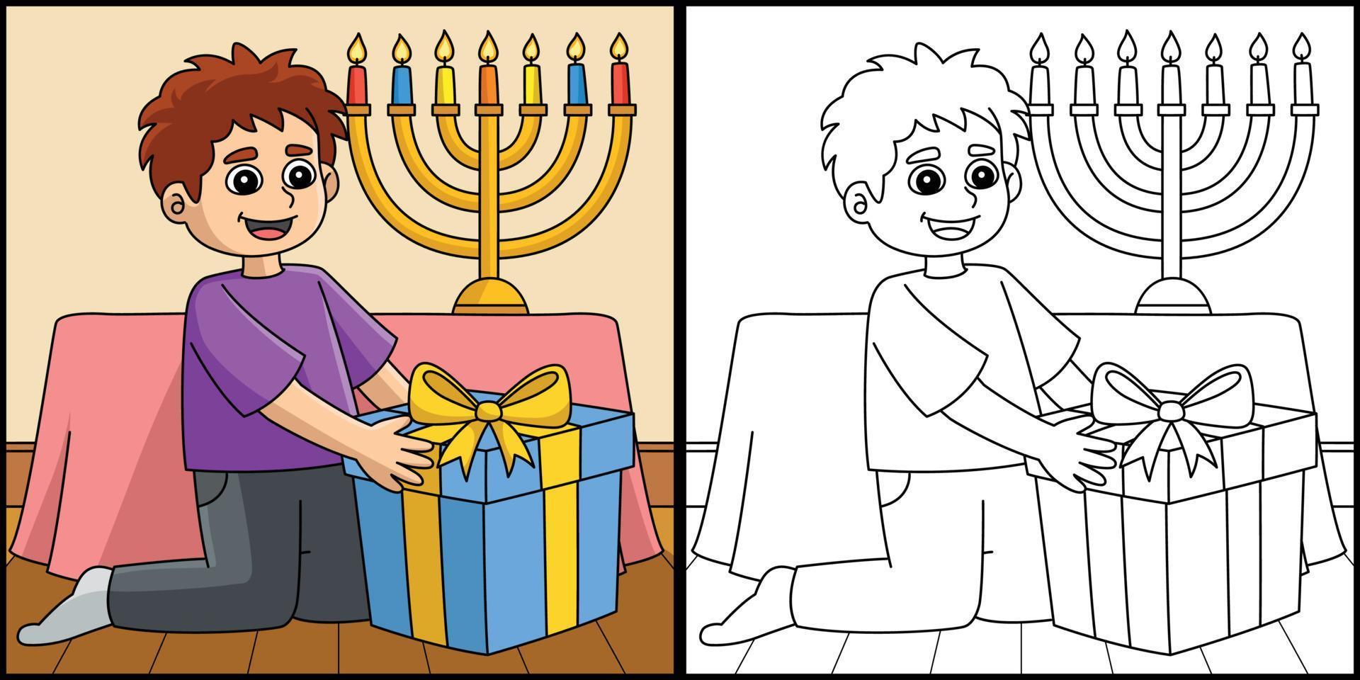 hanukkah, niño, con, regalo, colorido, página, ilustración vector