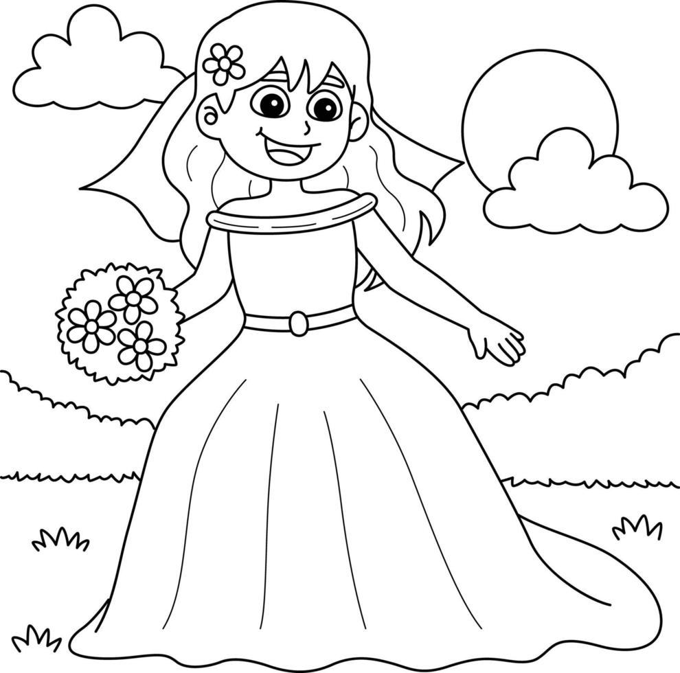 Wedding Bride Coloring Page for Kids vector