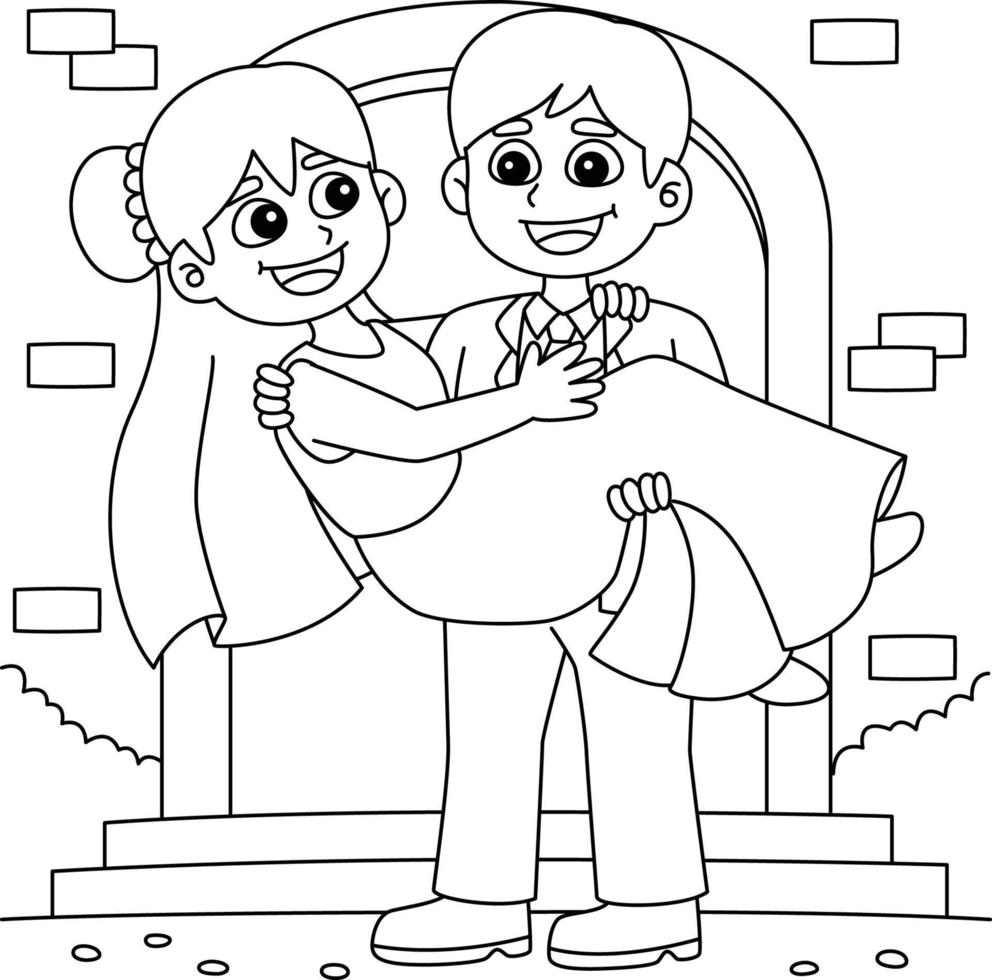 Wedding Groom Carrying Bride Coloring Page vector