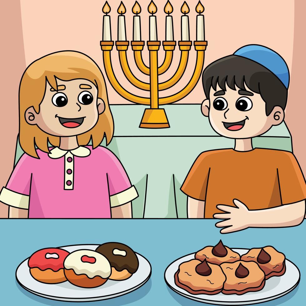 Hanukkah Boy and Girl Feasting Colored Cartoon vector