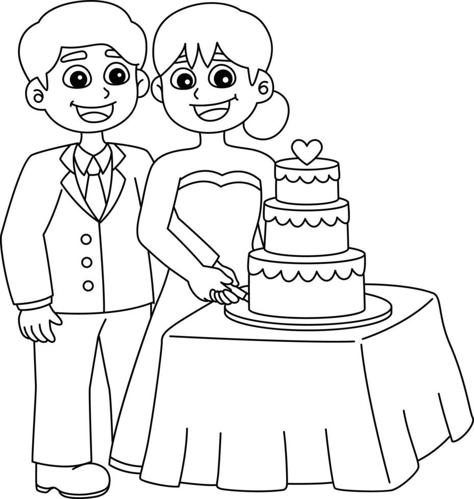 boda, novio, y, novia, corte, torta, aislado vector