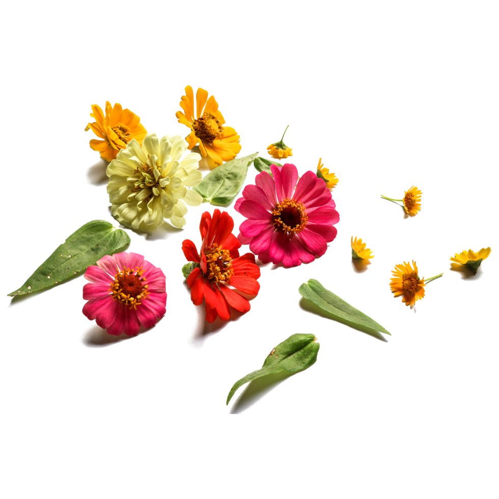 Botanical Zinnia flower and leaf isolated on transparent background png