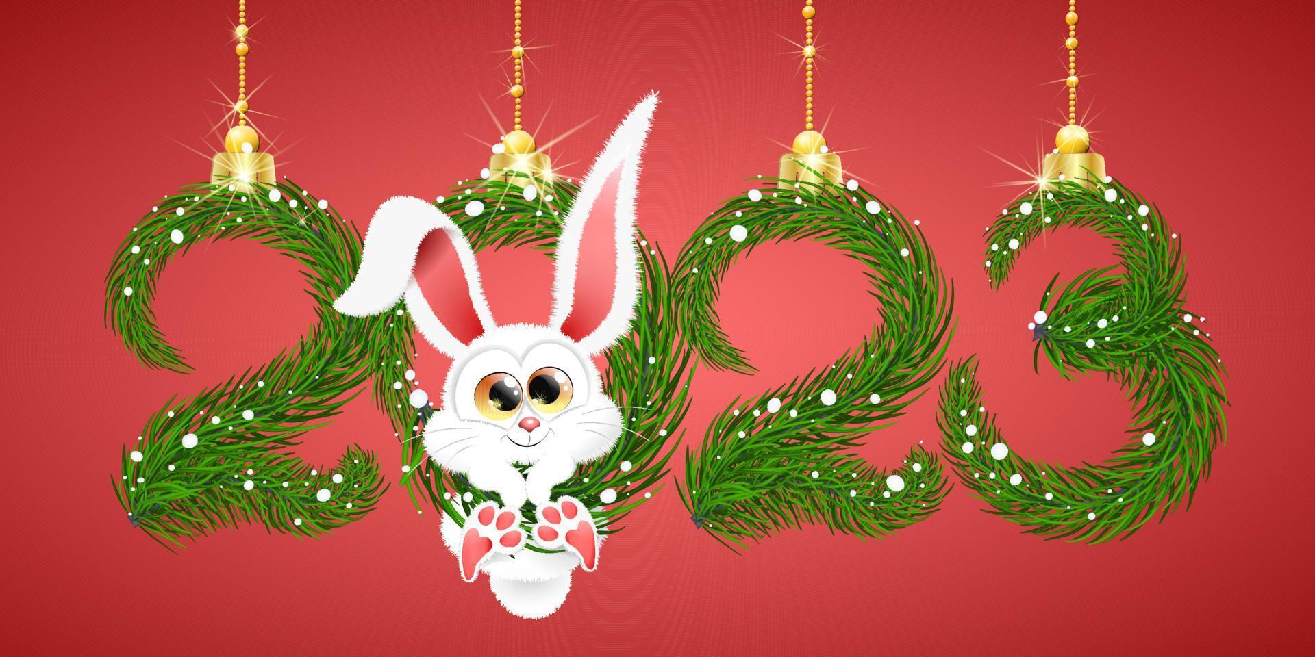 Cute fluffy white cartoon winter Rabbit hanging in 2023 new year number. vector