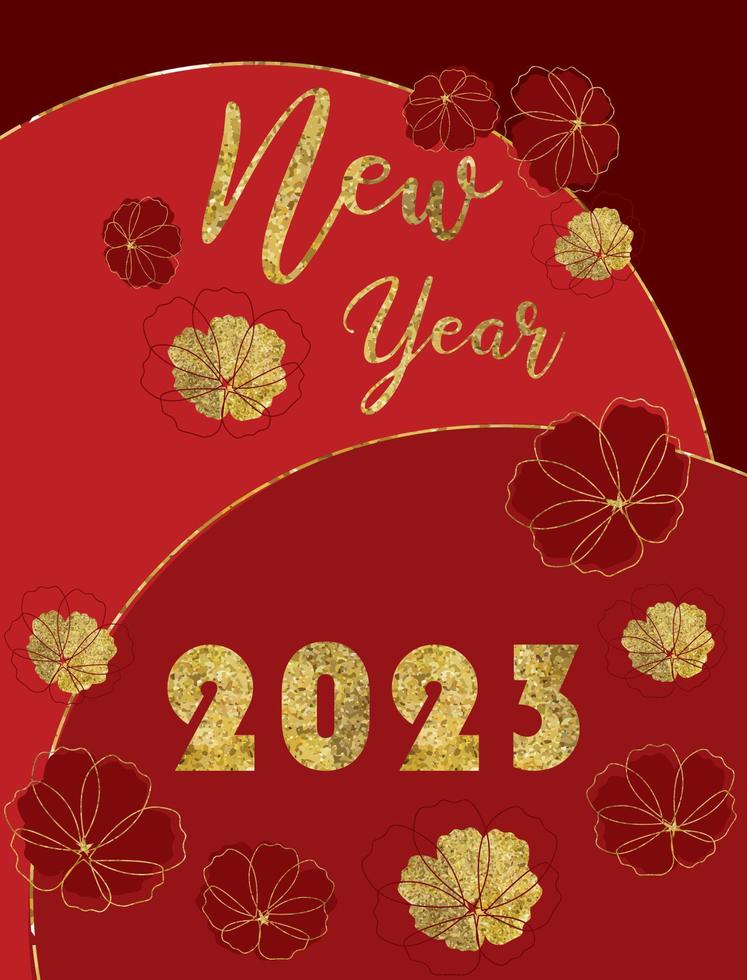 feliz año nuevo 2023 flor dorada cosmos diseño de texto vector