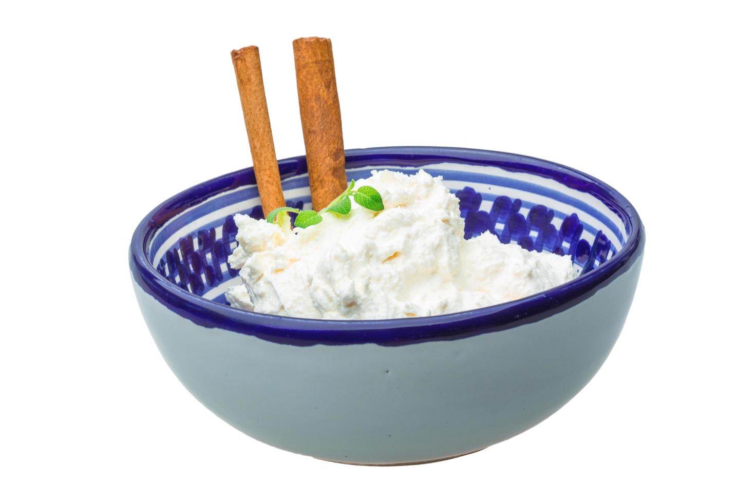 Cottage cheese in a bowl on white background photo