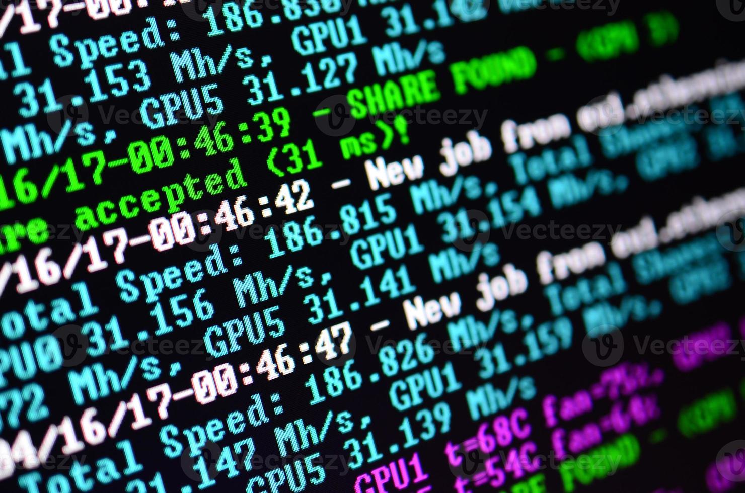 Macro snapshot of the program interface for crypto currency mining on the monitor of an office computer. The concept of mining bitcoins. The flow of information strings and data photo