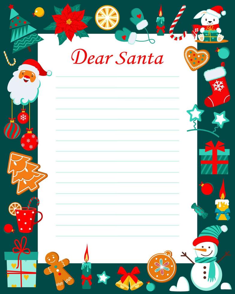 Letter to Santa Claus  template with Christmas characters. Christmas wish list. Dear Santa printable template for kids. Vector illustration