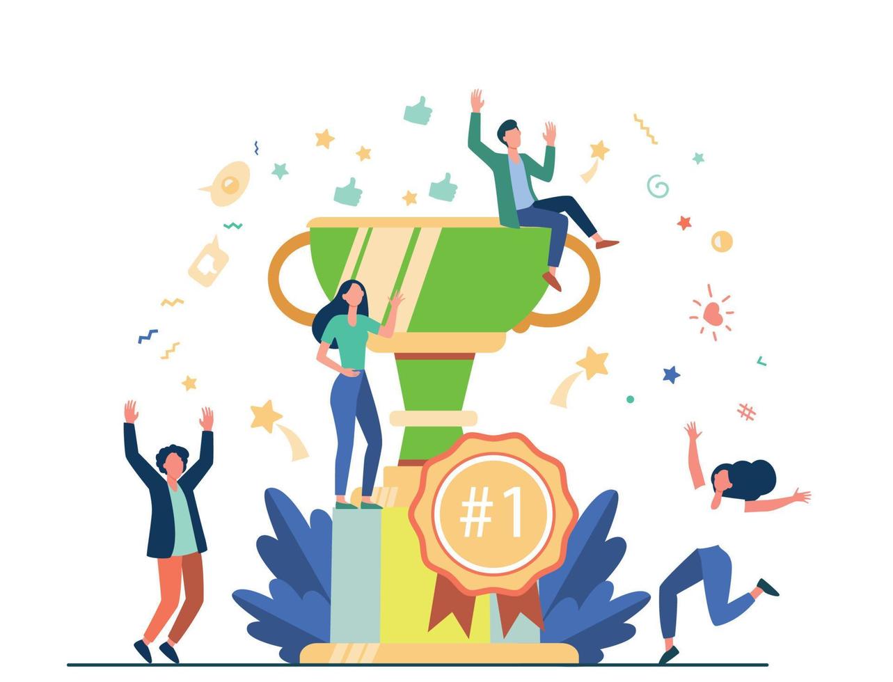 people enjoying victory getting gold cup trophy vector illustration