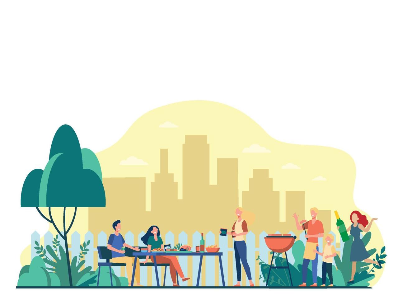family barbecue party backyard people grilling food park garden vector