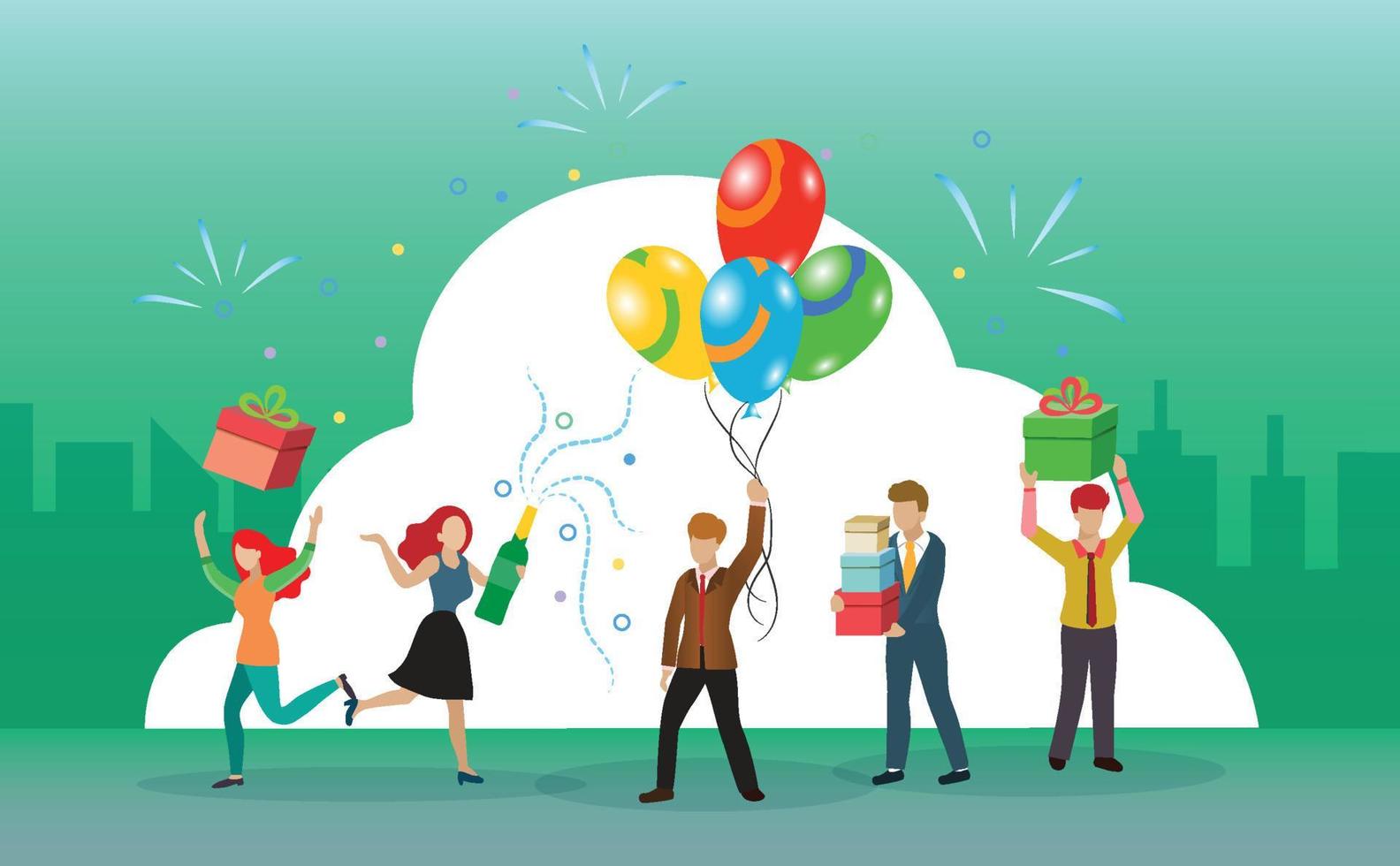 people celebrating festive party with champagne balloon vector