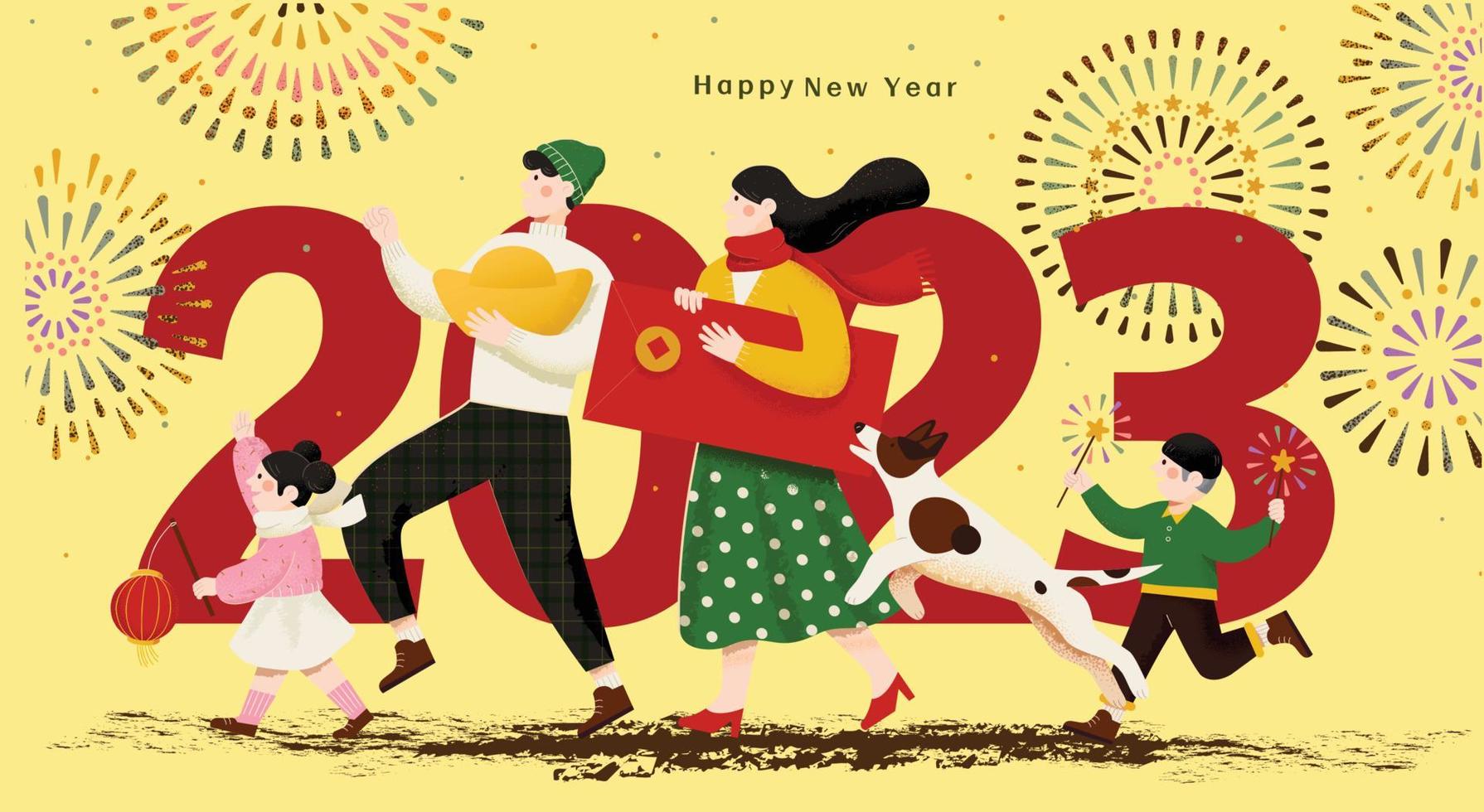 whole family welcomes the new year flat design vector