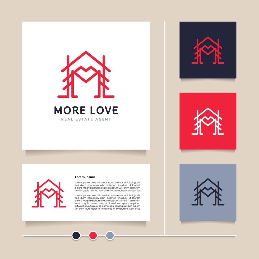 hogar vectorial de concepto de línea creativa con signo de corazón de amor y diseño de logotipo de letra m para bienes raíces, agente inmobiliario, alquiler residencial, inversión, etc. vector