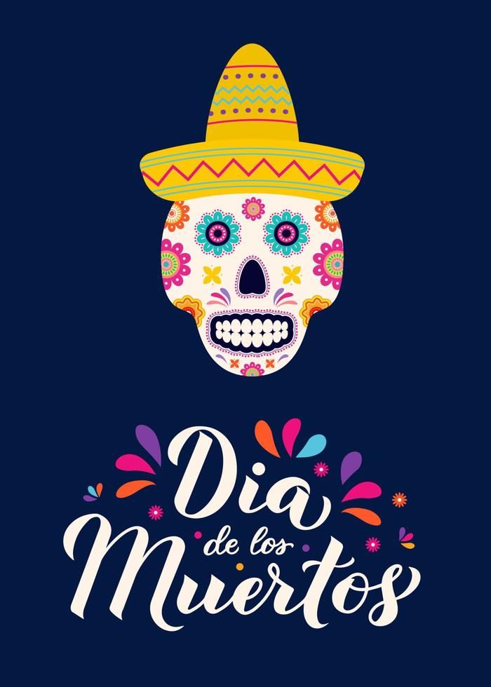 letras de mano de caligrafía dia de los muertos con calavera de azúcar, guitarra y maracas. afiche tipográfico del día festivo mexicano de los muertos. plantilla vectorial para tarjeta de felicitación, pancarta, afiche, invitación. vector