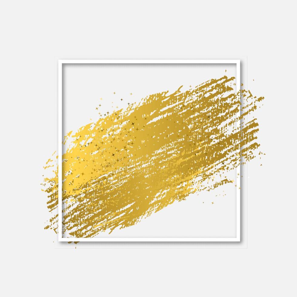 Gold brush stroke with sparkles in white square frame. Modern abstract background. Metallic gradient paint texture. Creative vector template for your design projects.