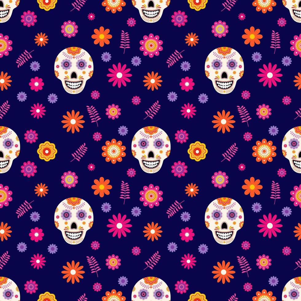 Dia de los Muertos seamless pattern of traditional Mexican symbols. Easy to edit vector template for greeting card, banner, poster, party invitation, fabric, textile, wrapping paper, etc