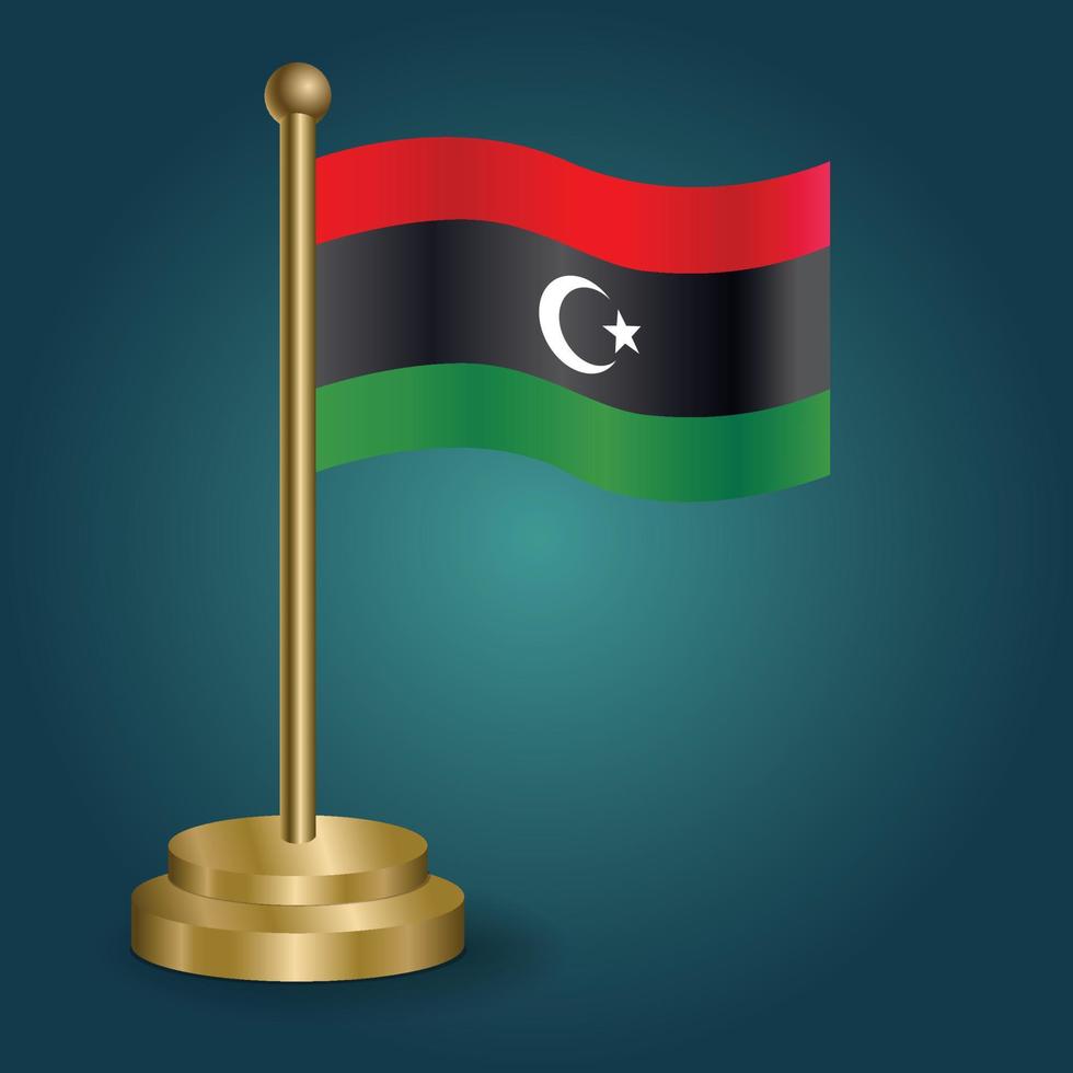 Libya national flag on golden pole on gradation isolated dark background. table flag, vector illustration