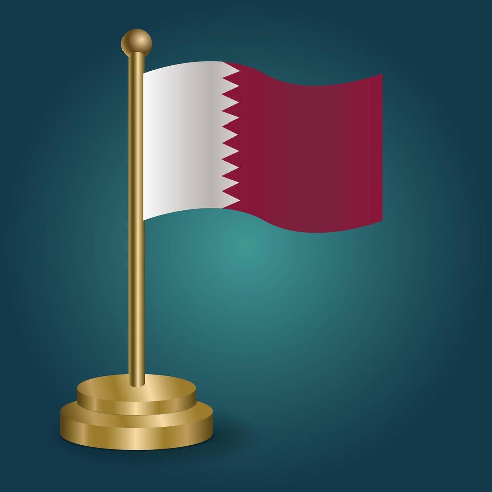 Qatar national flag on golden pole on gradation isolated dark background. table flag, vector illustration
