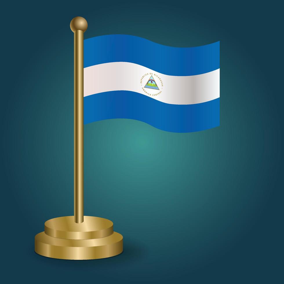 Nicaragua national flag on golden pole on gradation isolated dark background. table flag, vector illustration