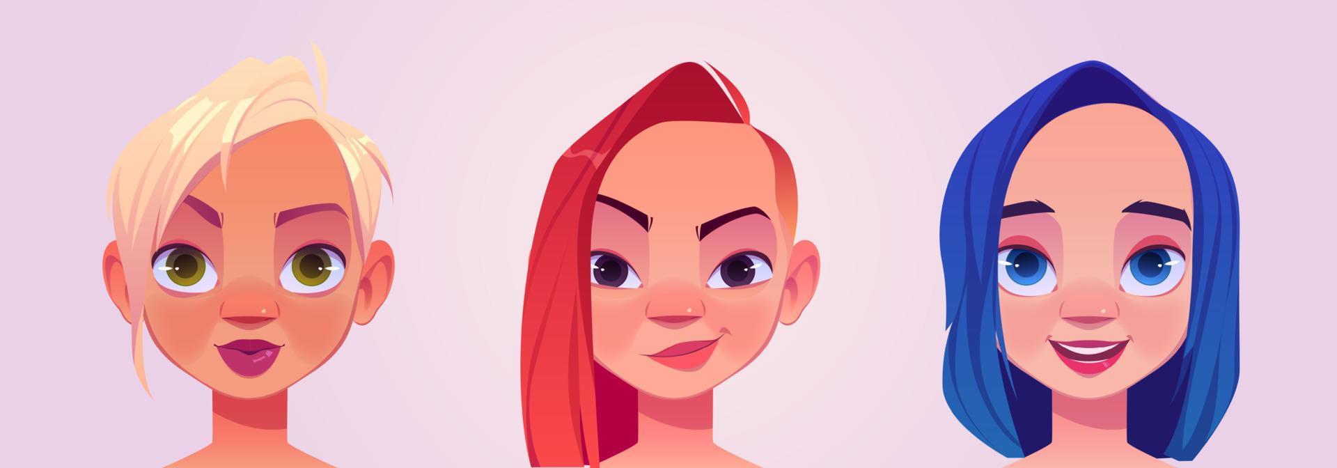 Women heads with blond, red and blue hairstyles vector