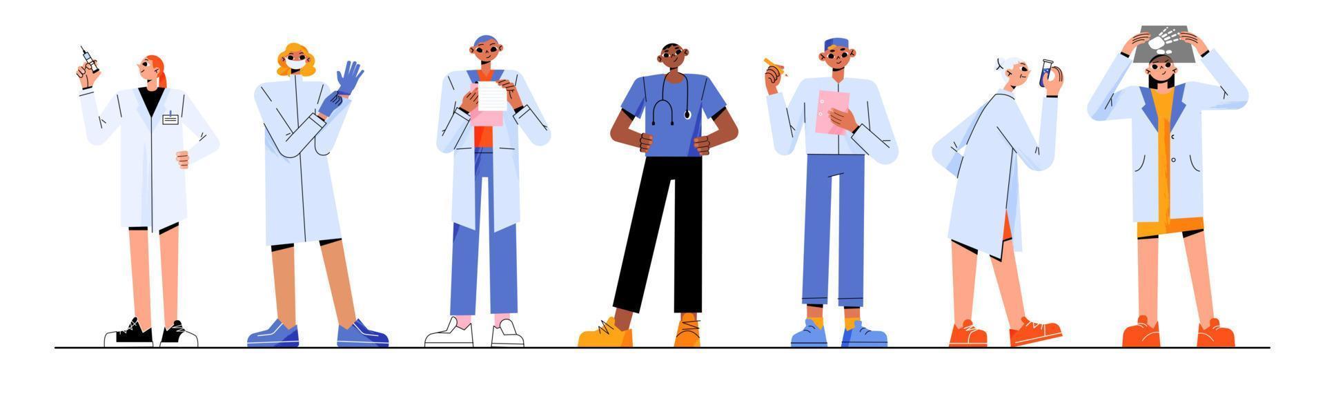 Doctors and nurses flat characters set vector