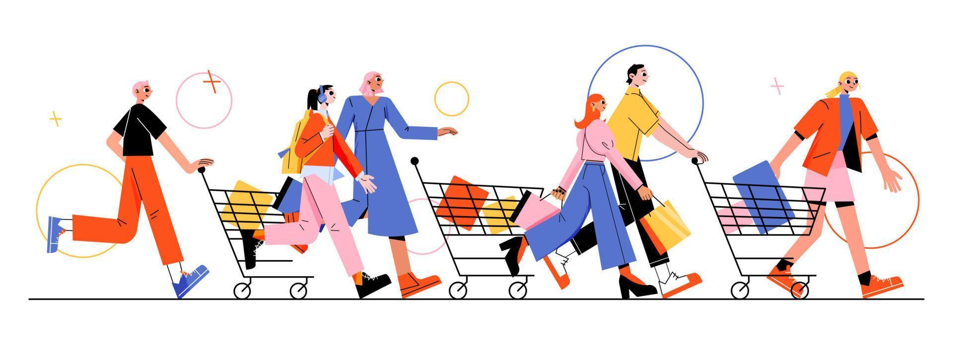 Sale run concept with people with shopping carts vector