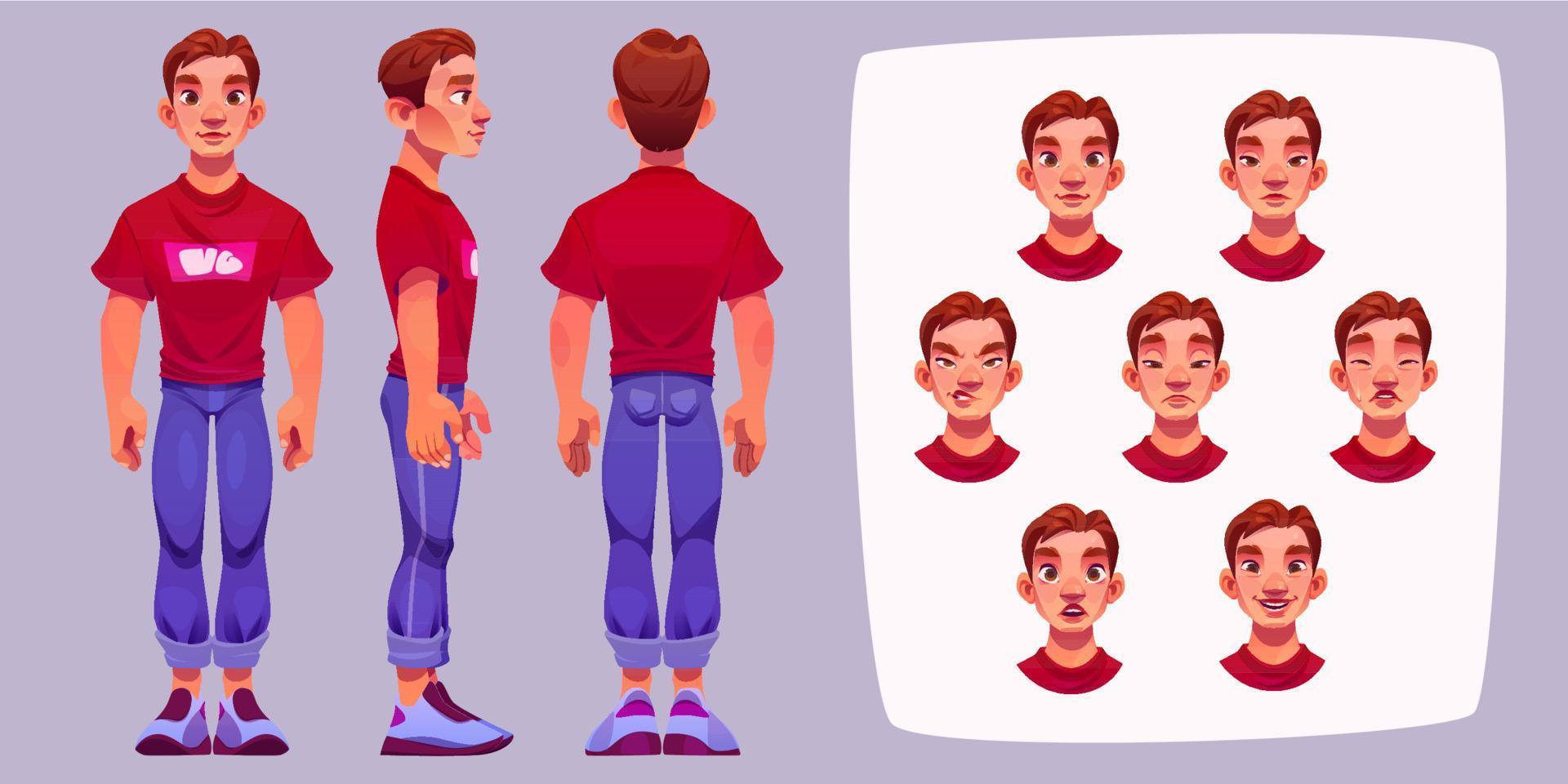 Standing man and his face with different emotions vector