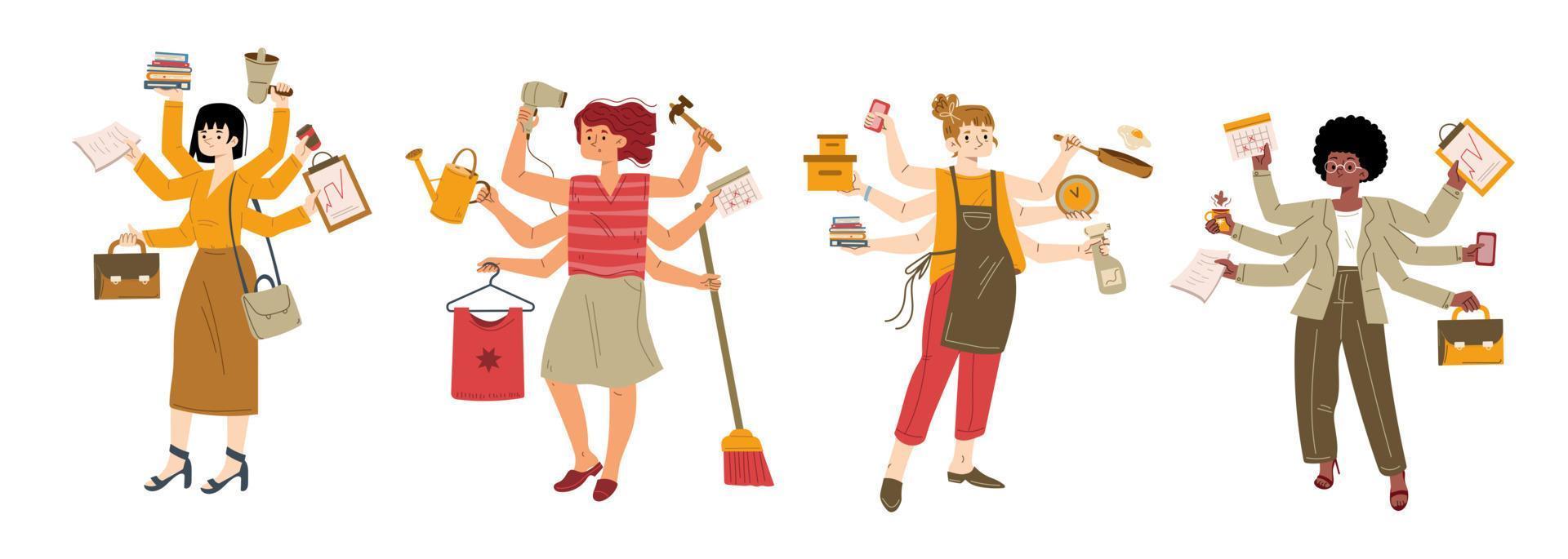Multitasking women doing many tasks cartoon set vector