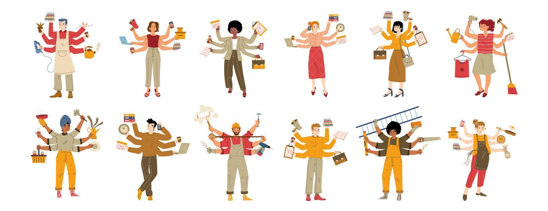 Busy multitasking characters, diverse people work vector