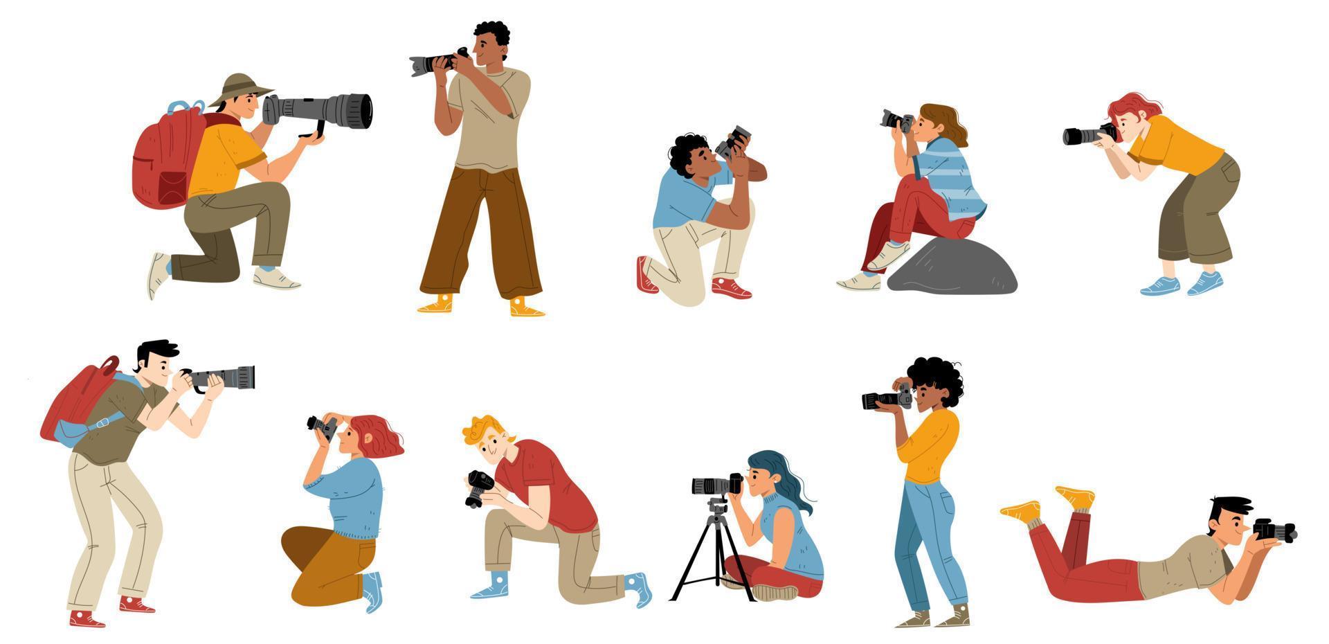 Photographers taking pictures flat characters set vector