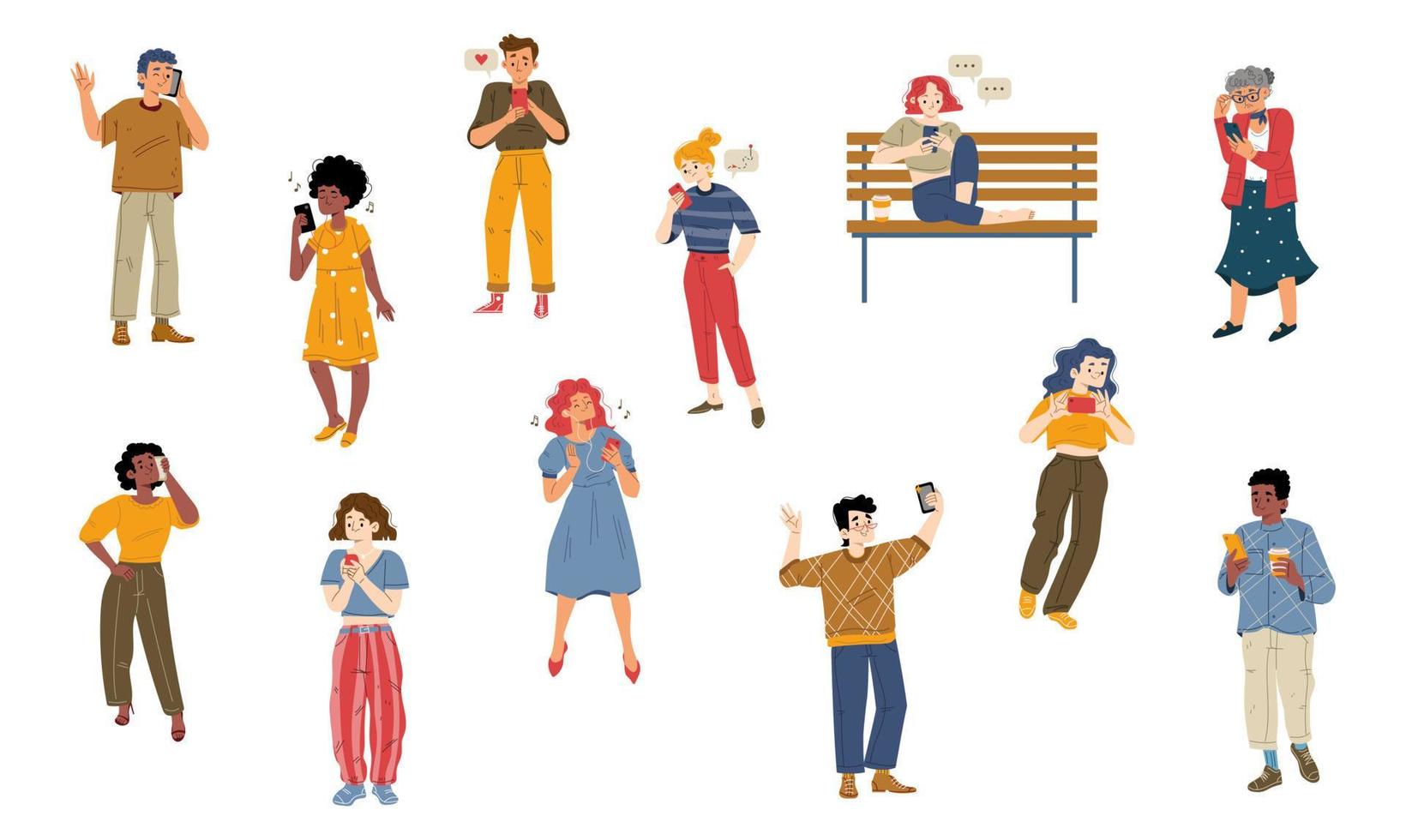 Men and women with phones use mobile services vector