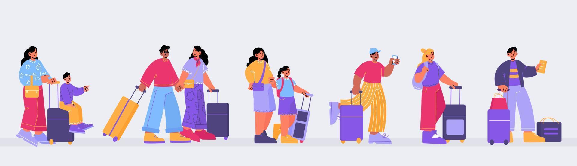 People with suitcases standing in queue vector