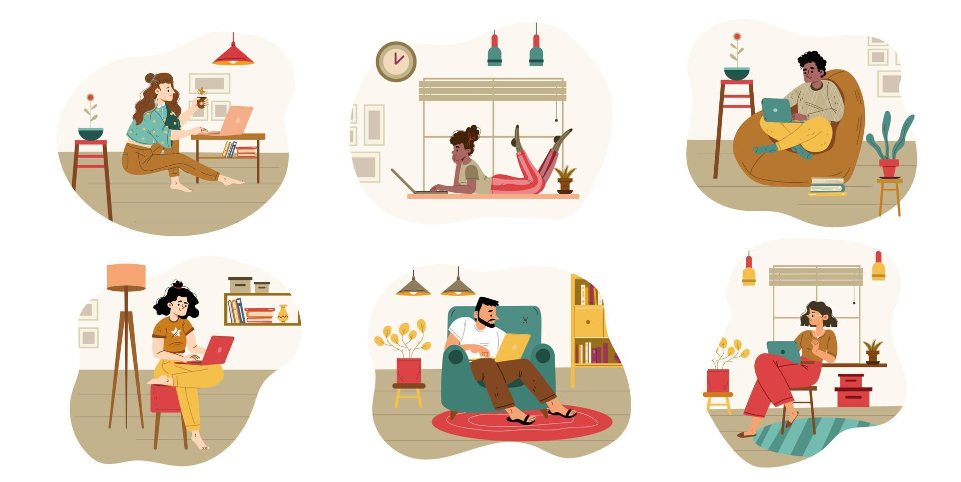 Freelancers work at home office relaxed characters vector