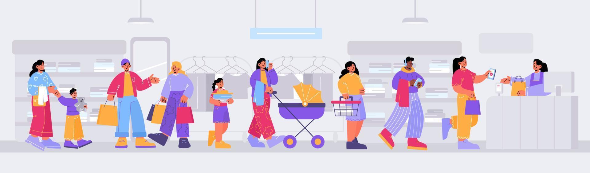Fashion store with people waiting in queue vector
