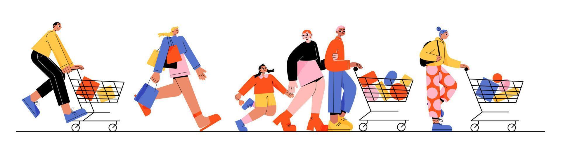 People standing in supermarket queue with carts vector