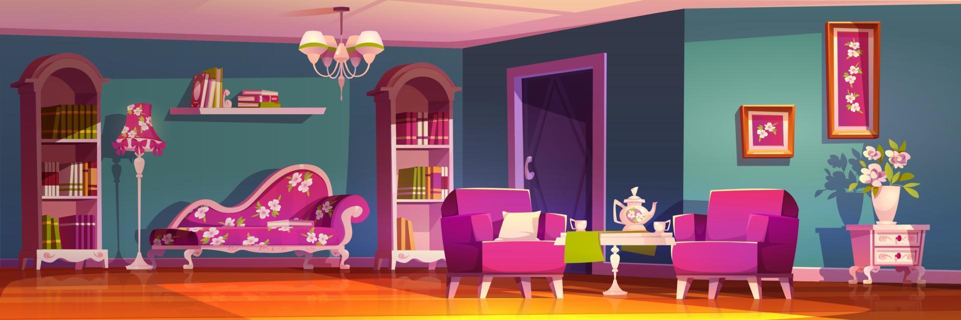 Living room interior in cute princess style, pink vector