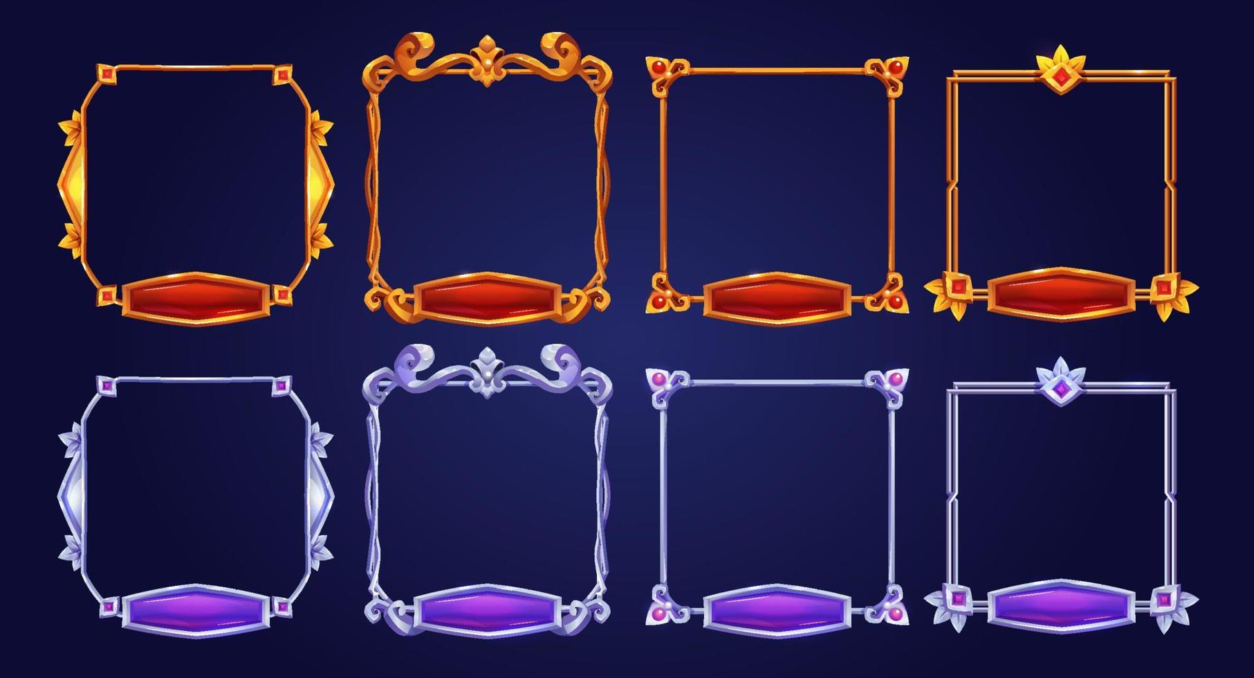 Golden silver vintage game frames, borders buttons vector