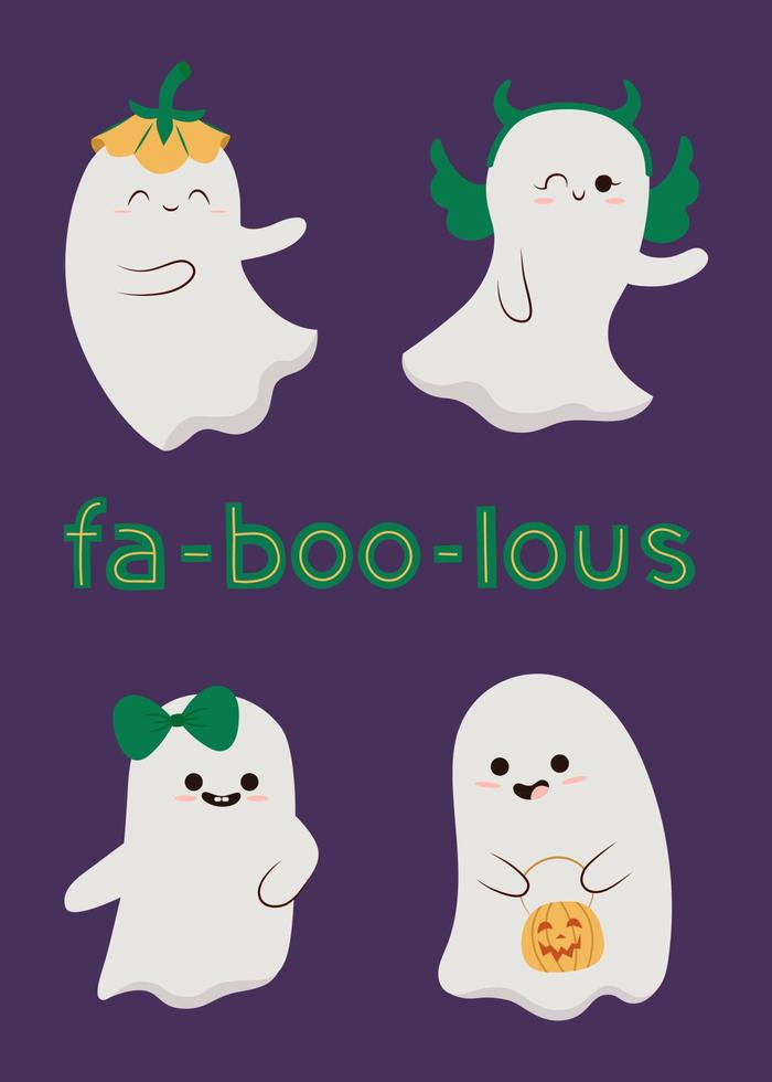 Happy halloween party greeting card with cute ghost. Holidays cartoon character. Cute spooky ghosts. Spooky ghosts in a halloween hat and costume vector