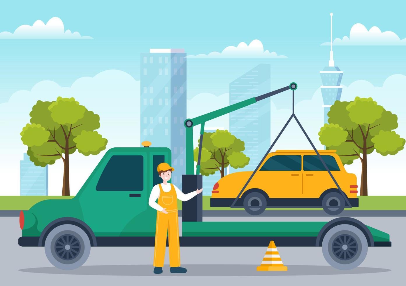 Auto Towing Car Using a Truck with Roadside Assistance Service in Template Hand Drawn Cartoon Flat Background Illustration vector