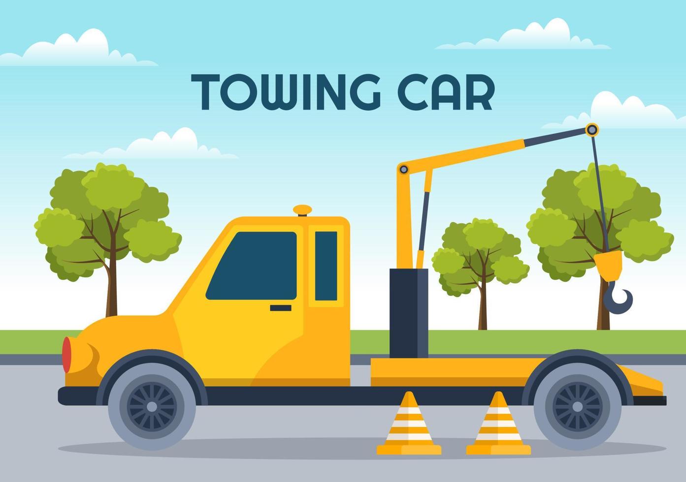 Auto Towing Car Using a Truck with Roadside Assistance Service in Template Hand Drawn Cartoon Flat Background Illustration vector