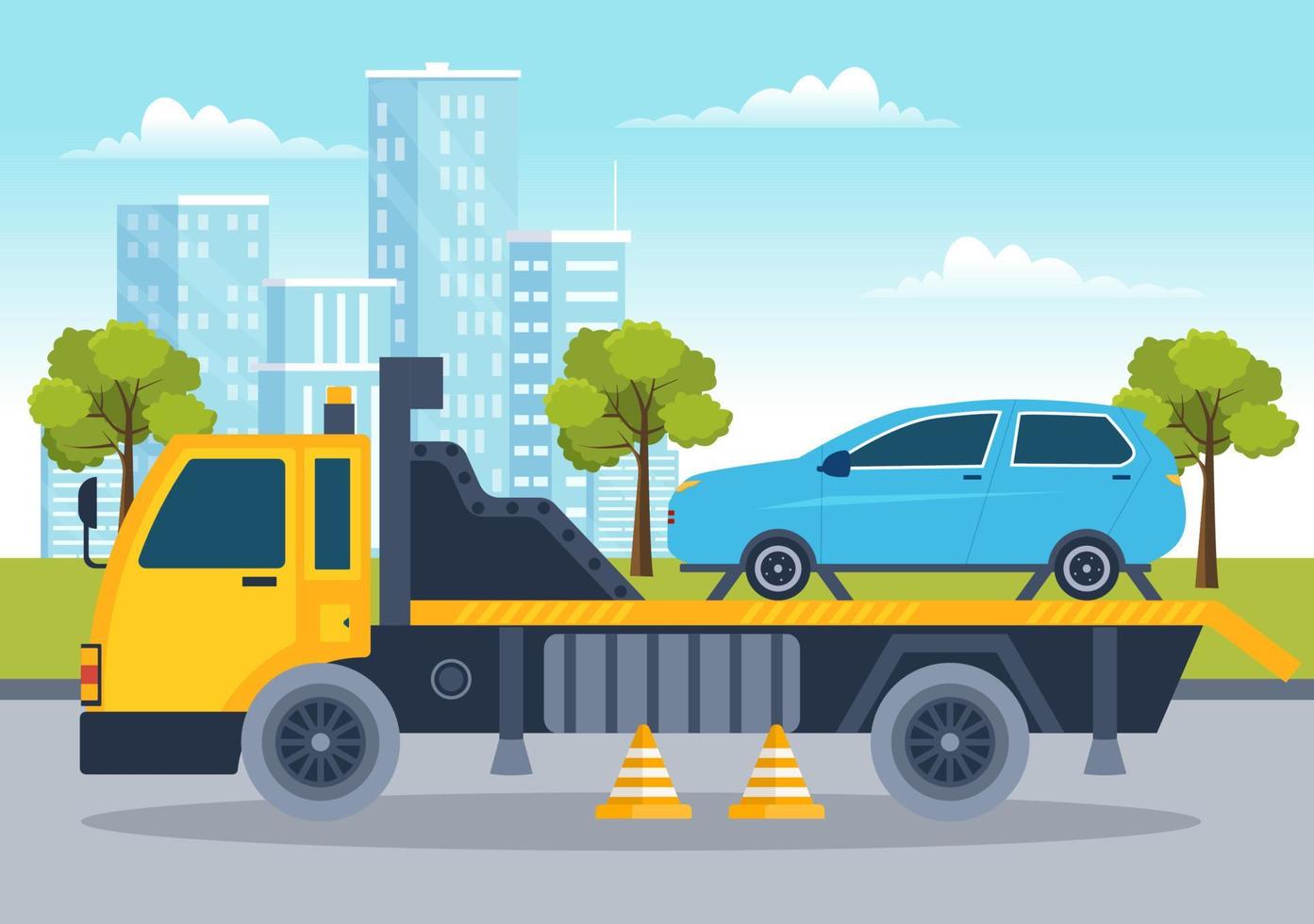Auto Towing Car Using a Truck with Roadside Assistance Service in Template Hand Drawn Cartoon Flat Background Illustration vector