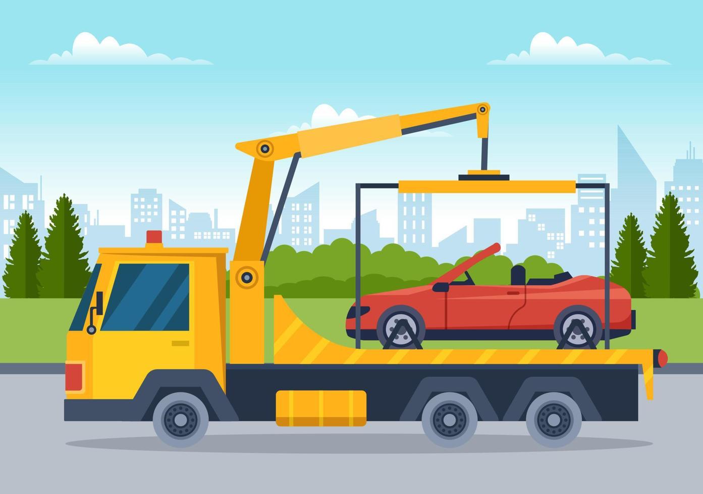 Auto Towing Car Using a Truck with Roadside Assistance Service in Template Hand Drawn Cartoon Flat Background Illustration vector