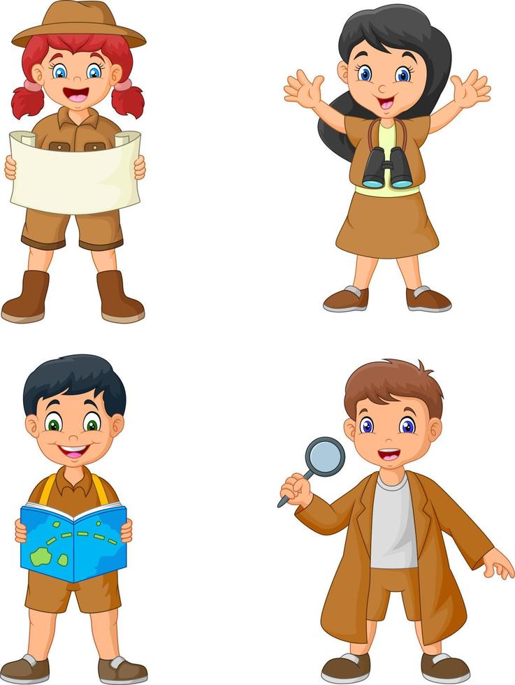 Group of cartoon happy kids wearing explorer costumes vector