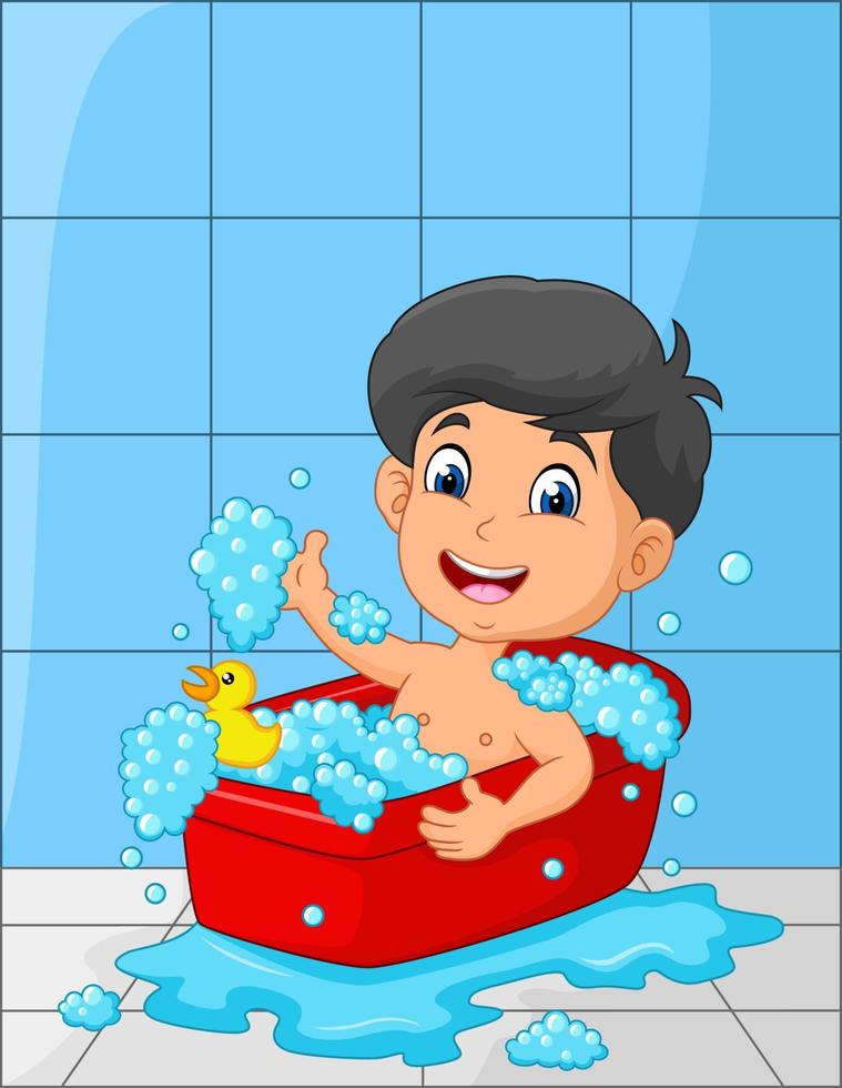 Cartoon little boy taking a bath vector