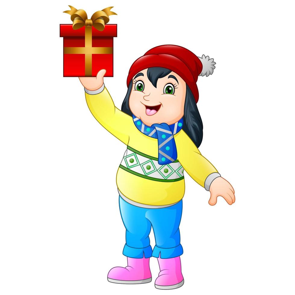 Cute little girl in winter clothes holding a gift vector