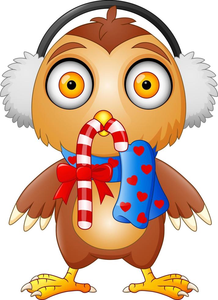 Cute Cartoon owl in a headphone with candy and scarf vector
