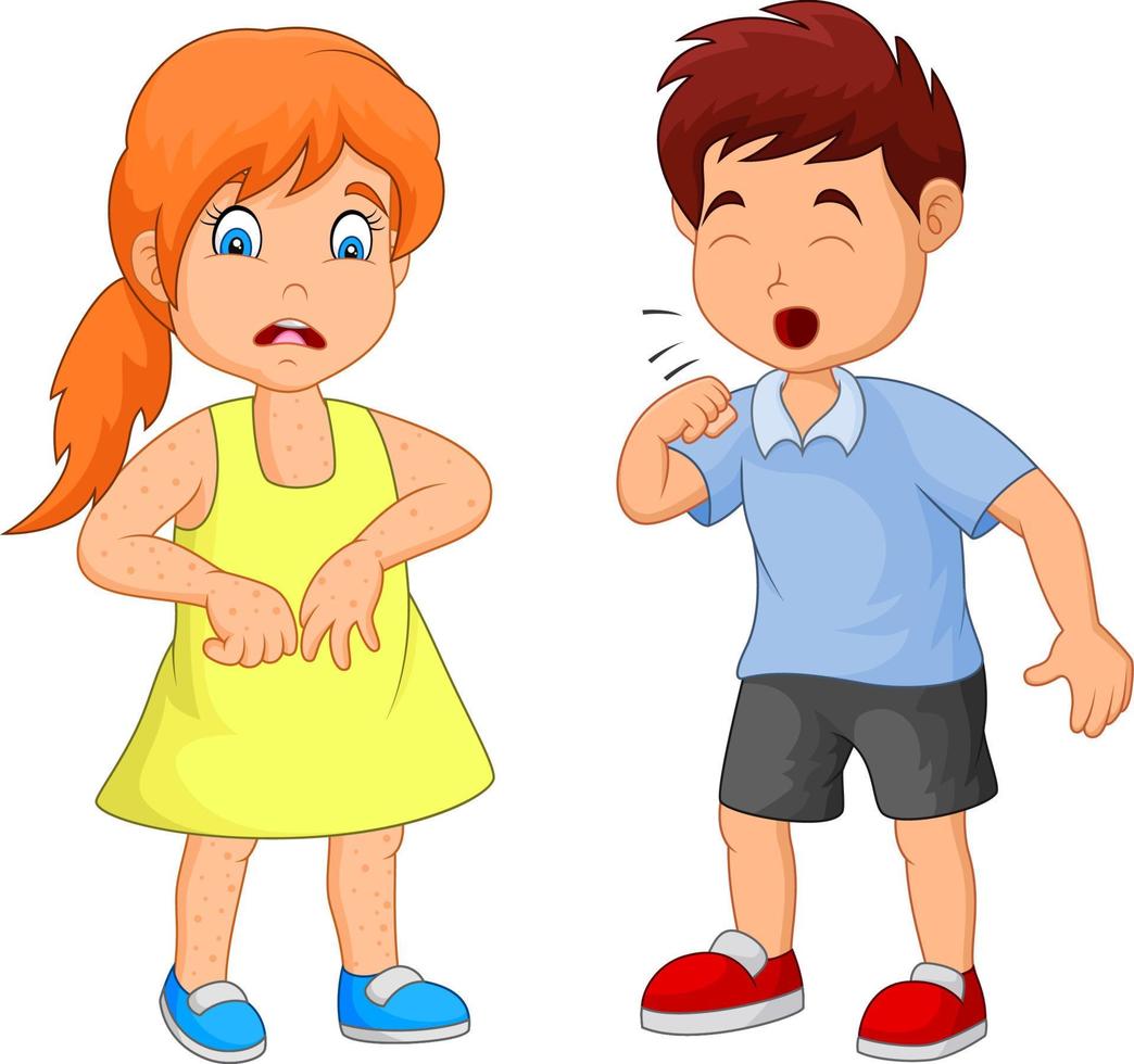 Cartoon little boy and girl coughing vector